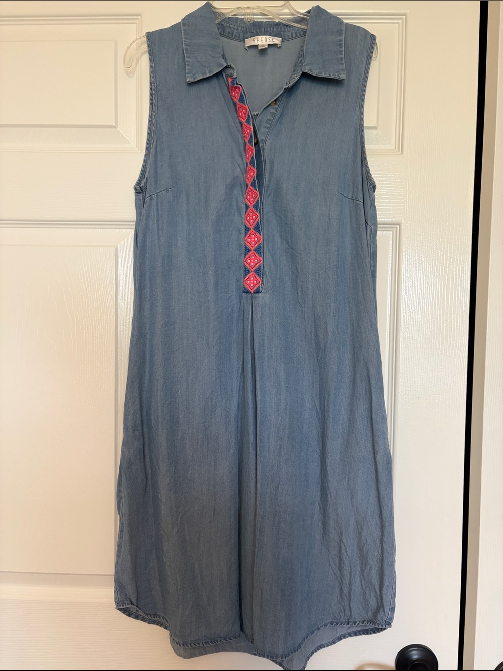 Spense Light Blue Denim Sleeveless Dress with Pink Trim